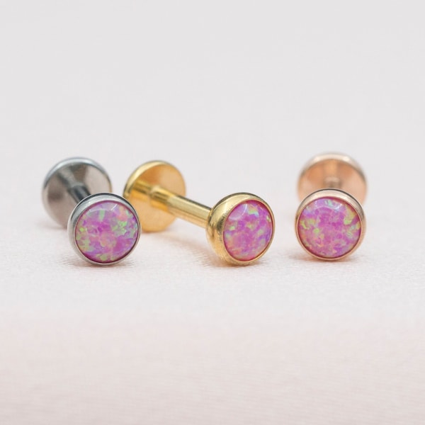 Titanium Tiny Pink Opal Threadless Push Pin Stud / Bezel Round 2mm 3mm 4mm Tragus Cartilage / Steel Color