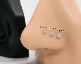 20G 316L Surgical Steel Nose Studs / White Cubic Prong Set / Nose Corkscrew Stud / Nose Ring / Gold PVD