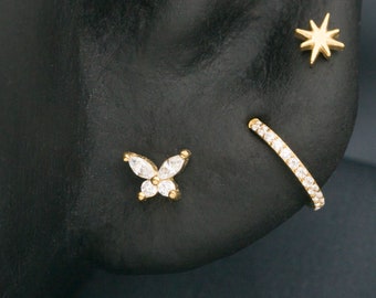 Sprankelende vlinder Stud/316L chirurgisch staal Threadless kraakbeen Helix Conch Stud/minimalistische oorbel/handgemaakte gouden oorbel