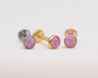 Titanium Tiny Pink Opal Threadless Push Pin Stud / Bezel Round 2mm 3mm 4mm Tragus Cartilage / Steel Color