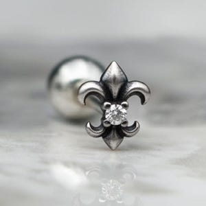 May include: A silver-toned earring featuring a fleur-de-lis design with a small, clear gemstone at its center. The earring has a post and a round backing. The image is a close-up, showing the earring's details and its reflection.