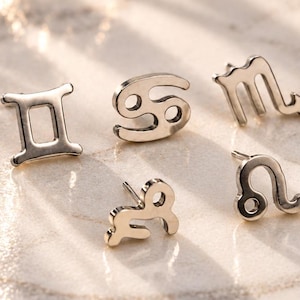 May include: Five silver-toned stud earrings shaped as zodiac symbols, including Gemini, Cancer, Scorpio, Capricorn, and Leo. Each earring features a polished metallic finish and a standard post backing, arranged together on a smooth surface.