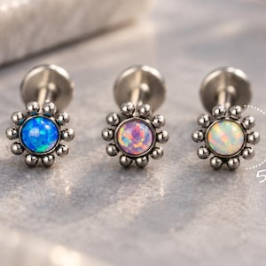 Titanium Opal Sun Stud: Threadless Tragus, Helix, Conch Piercing, Steel color