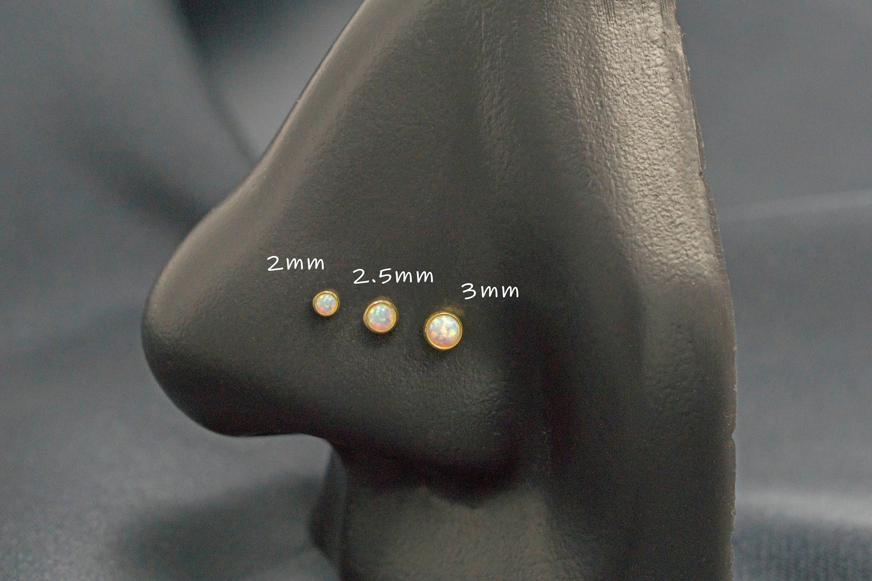 20G 316L Surgical Steel White Opal Nose ring 3mm 2.5mm 2mm / White Opal Bezel Set / Nose Corkscrew Stud / Gold PVD(5)