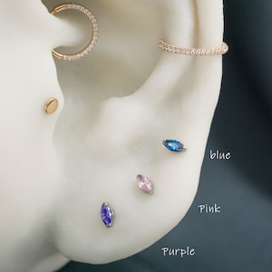 Titanium Tiny Cubic Threadless Push Pin Stud / Blue Purple Pink White Cubic / Marquise Cubic zirconia / Steel color(20)
