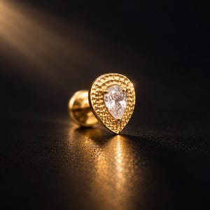 Titanium Teardrop CZ Threadless Stud, Pear Shape Push Pin Piercing, Gold Textured Labret Top, Minimalist Body Jewelry