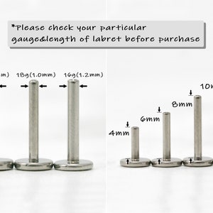 May include: A close-up of labret studs in different sizes and gauges. The labret studs are made of stainless steel and have a flat back. The sizes are 4mm, 6mm, 8mm, and 10mm. The gauges are 20g (0.8mm), 18g (1.0mm), and 16g (1.2mm).