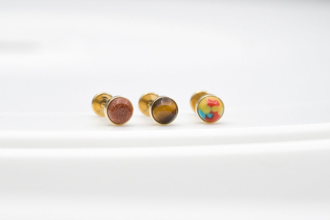 Tiger Eye / Gold Sand Stone Earring /  Red Imperial Threadless Conch Tragus Helix Stud / Handmade Stud / Minimalist Earring / Hypoallergenic