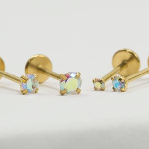 Gold AB Threadless Push in 3mm 2.5mm 2mm 1.5mm / Aurora Borealis Cubic Zirconia / Tragus Cartilage Ear Piercing Stud / Gold PVD(3)