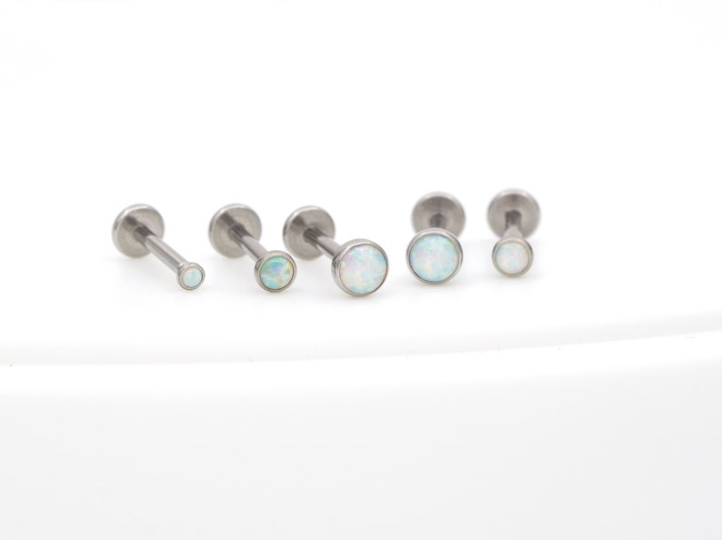 IMPLANT GRADE Titanium Tiny White Opal Threadless Push Pin Stud / Bezel Round 2mm 3mm 4mm Tragus Cartilage / Steel Color image 1