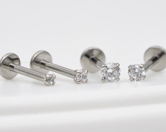 Surgical Steel Tragus Stud: Internal Thread, Cubic Zirconia Ear Piercing Steel color