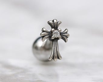 Vintage Gotisk Kors Helix Piercing: Antik Silvertonad Conch, Brosk, Helix Örhänge
