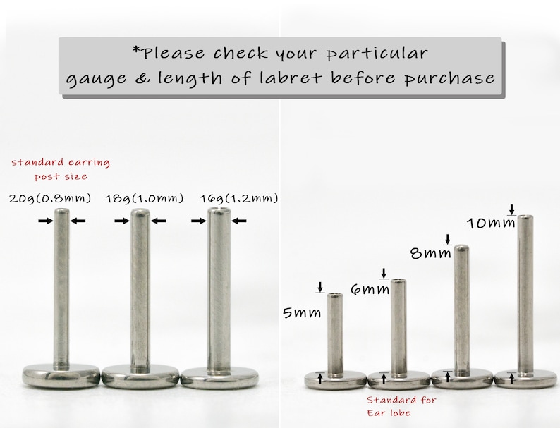 May include: A close-up of different sizes of labret posts in stainless steel. The posts are labelled with their gauge and length in millimetres. The text "Standard for Ear Lobe" is also visible.