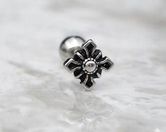 Gothic Shield Cross Flower Stud Piercing: Conch, Cartilage, Helix Earring 16g
