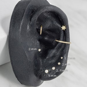 May include: A close-up of a fake ear with various sizes of diamond earrings. The earrings are 1.5mm, 2mm, 2.5mm, and 3mm in size. The ear is made of black silicone and is on a white background.