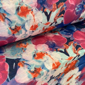 Slub single jersey printed fabric, per metre - flowers print - blue & pink