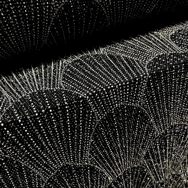 Tessuto jersey spandex elasticizzato metallico, al metro - stampa glitterata Art Déco - nero e argento