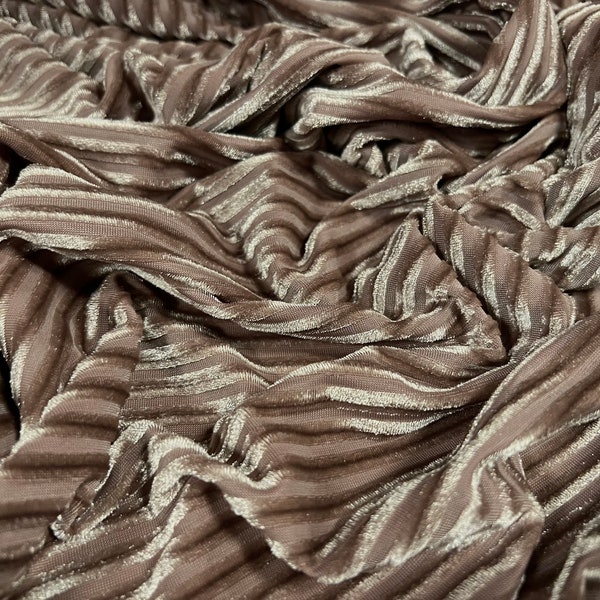 Spandex velvet stretch dress fabric, per metre - burnout ribbed stripe - stone