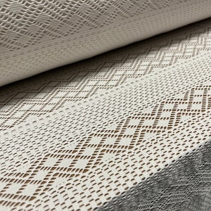 Stretch spandex crochet lace jersey dress fabric, per metre - diamond stripe design - ivory