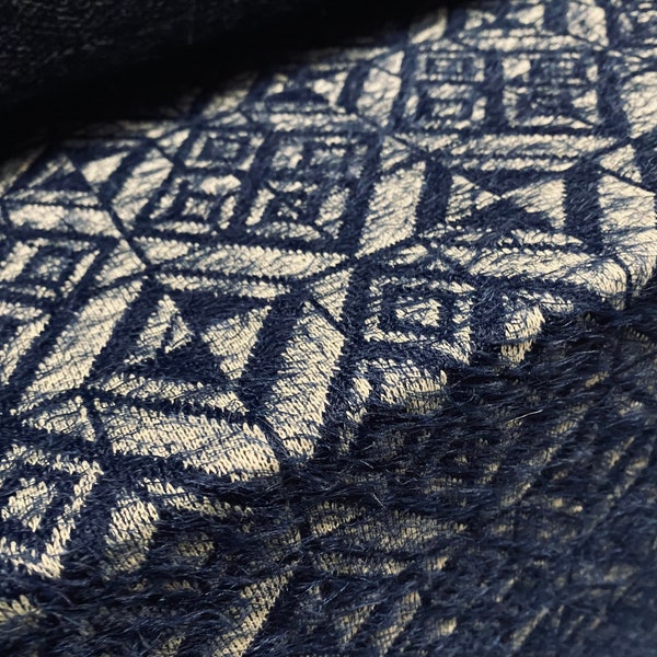 Soft hairy mohair style knitwear jersey fabric, per metre - geometric jacquard - dark blue