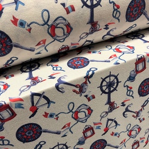 Soft handle loopback stretch spandex jersey fabric, per metre - nautical anchor tattoo print