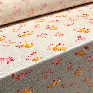 Viscose spandex stretch single jersey fabric, per metre - Ditsy flower print - Cream & orange