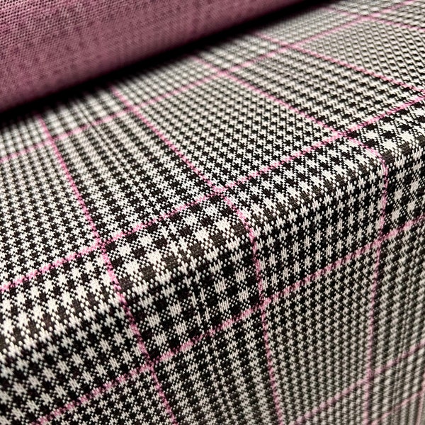 Tissu de robe en tricot double jersey, par mètre - Chèque Prince de Galles - gris & rose