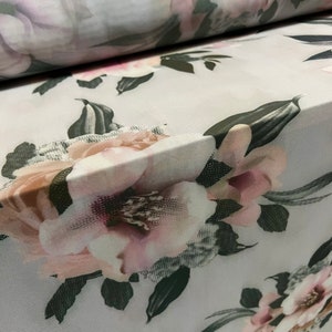 Power mesh net stretch spandex fabric, per metre - orchid flower print - pale blue grey & pink