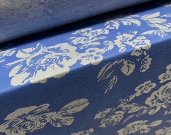 Zacht aanvoelende stretch spandex jersey stof, per meter - rozen bloemenprint - blauw op blauw
