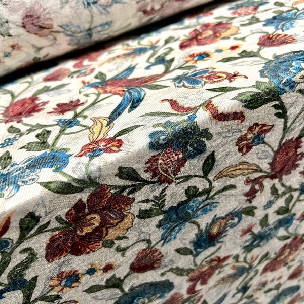 Lady K lightweight burnout single jersey fabric, per metre - tropical bird & flowers print