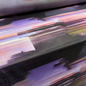 Power mesh net sheer stretch spandex fabric, per metre - linear sunset print - lilac & pink
