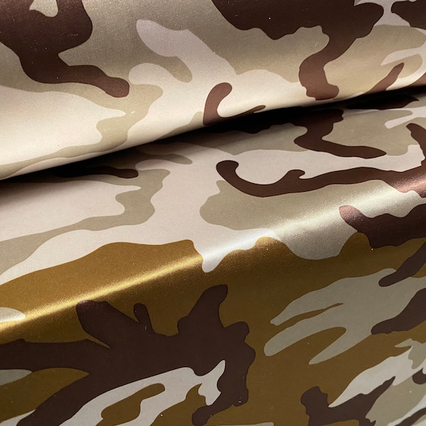 Silky Stretch charmeuse satin dress fabric, per metre - army camouflage print - khaki & gold