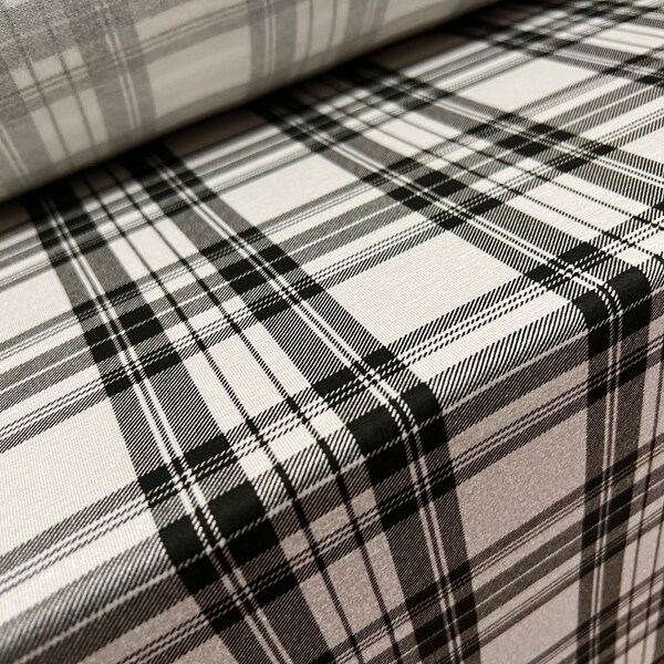 Viscose spandex stretch single jersey fabric, per metre - Plaid check print - ivory & black