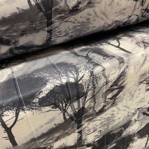 Bandage rib stretch jersey knit fashion fabric, per metre - woodland trees print - grey