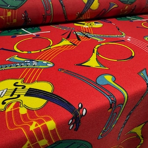 Panama woven fashion fabric, per metre - musical instrument print - red