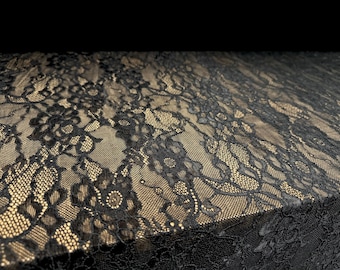 Tessuto di pizzo elasticizzato in spandex, al metro - motivo floreale - nero