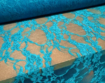 Stretch spandex mesh lace fabric, per metre - floral pattern - turquoise blue