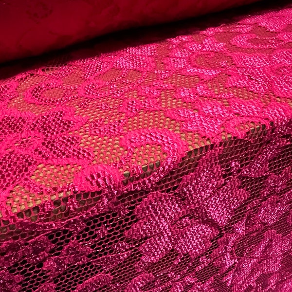Stretch spandex lace dress fabric with scalloped selvedge, per metre - floral - cerise pink