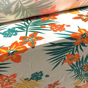 Viscose spandex stretch jersey fabric, per metre - Hawaiian tropical flower print - ivory green & orange