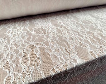 Tessuto di pizzo elasticizzato in spandex, al metro - motivo floreale - avorio