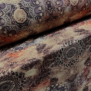 Scuba crepe fabric stretch spandex jersey, per metre - kaleidoscope print - aubergine & purple