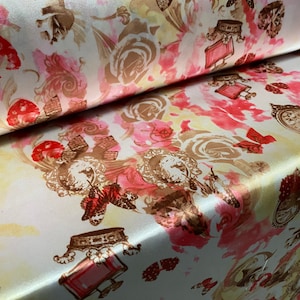 Silky Stretch charmeuse satin dress fabric, per metre - steampunk skulls and Roses print - pink