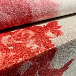 Couture designer fabric, per metre - rose flower double border design - red & white