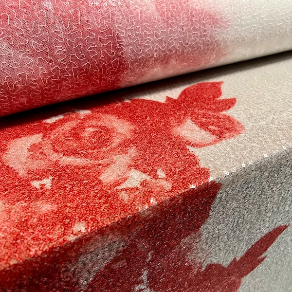 Tissu de créateur couture, au mètre - design double bordure fleur de rose - rouge & blanc