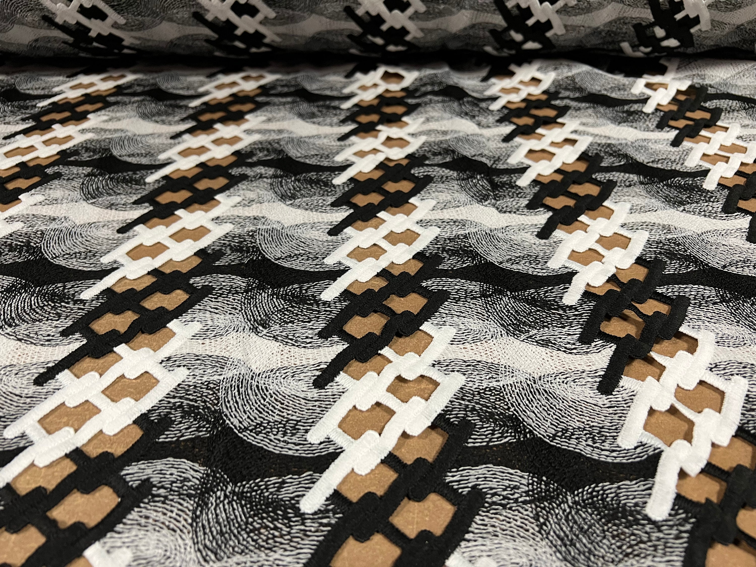 Couture Dress Fabric, per Metre - Chain Link Swirl Embroidery - Black ...