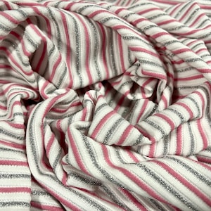 Ottoman rib jersey fabric, per metre - stripe - white and pink with silver metallic