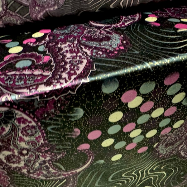 Silky Stretch charmeuse satin dress fabric, per metre - paisley swirl print - black & purple