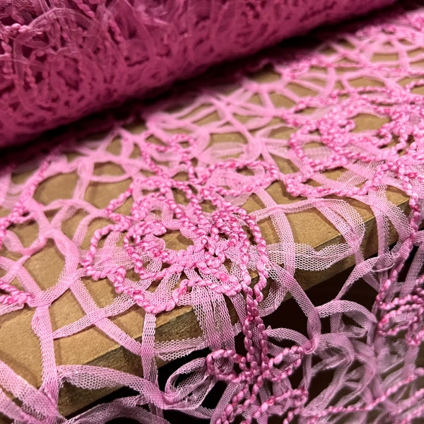 Couture lace dress fabric, per metre - ropes, ribbons & sequins - pink