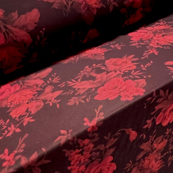 Power mesh net stretch spandex fabric, per metre - rose flower print - dark aubergine & red