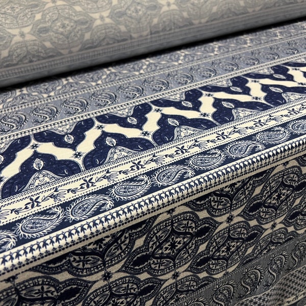Soft handle stretch spandex single jersey fabric, per metre - Moroccan paisley stripe print - blue